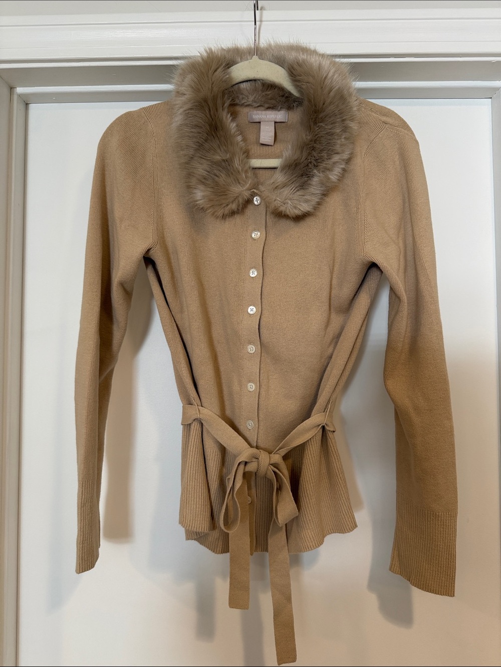 Banana Republic Camel Tan Faux Fur Collar Cardigan